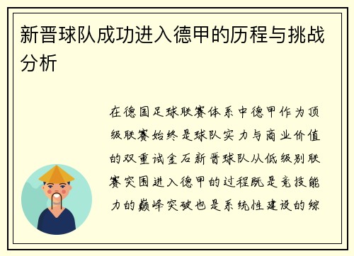 新晋球队成功进入德甲的历程与挑战分析