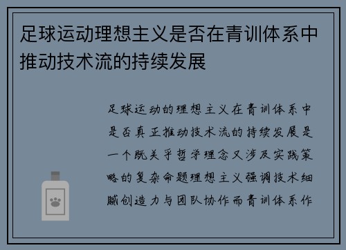足球运动理想主义是否在青训体系中推动技术流的持续发展
